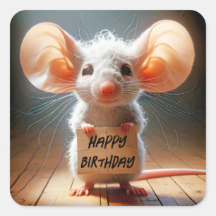 Sticker Carré Souris d'anniversaire avec panneau en carton