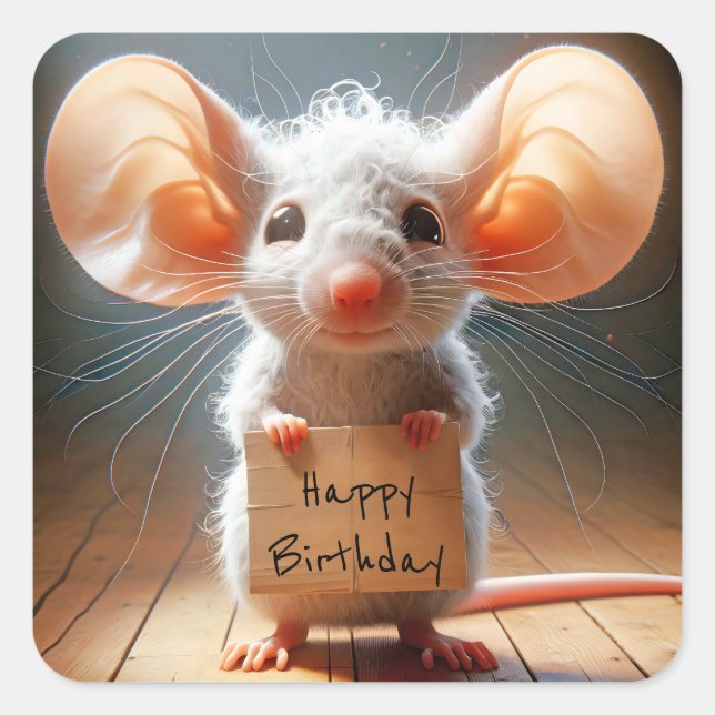 Sticker Carré Souris d'anniversaire avec panneau en carton (Devant)