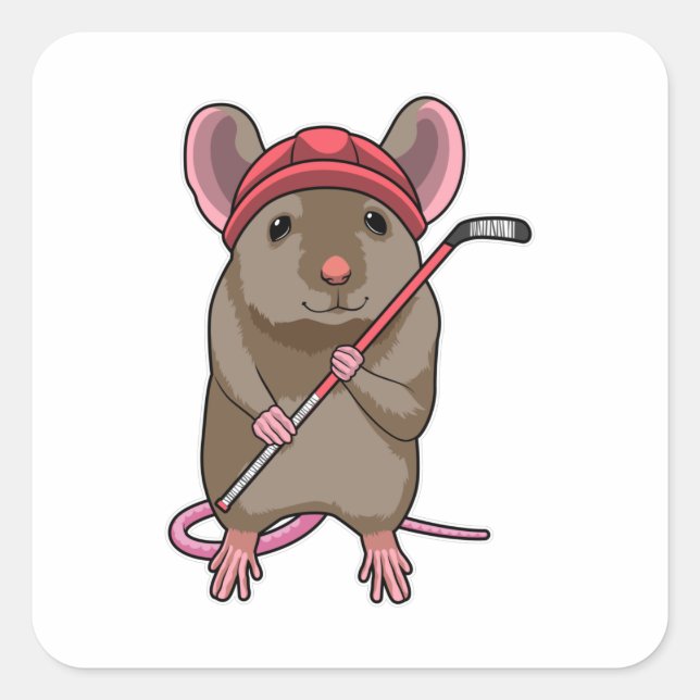 Sticker Carré Souris de hockey sur glace avec bâton de hockey su (Devant)