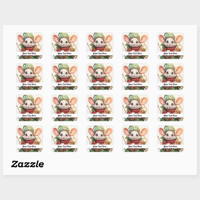 Sticker Carré Souris de Noël 46 Votre texte ici (Feuille)