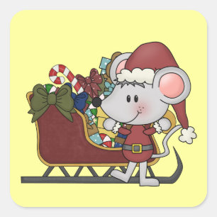 Sticker Carré Souris de Père Noël avec le traîneau