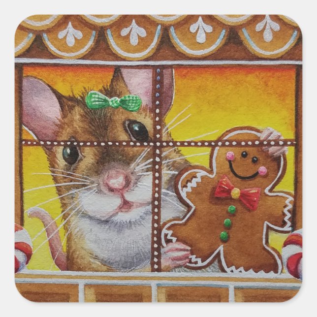 Sticker Carré Souris d'épices Maison Souris & Cookie Aquarelle A (Devant)