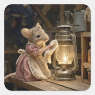 Sticker Carré Souris dépoussiérant une vieille lanterne
