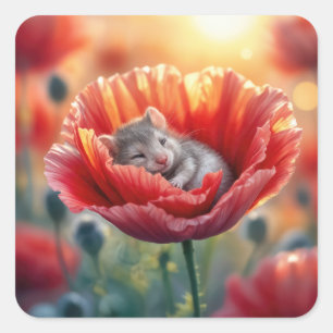 Sticker Carré Souris dormant dans une fleur rouge