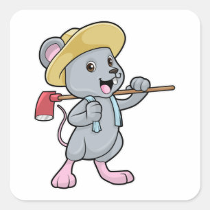 Sticker Carré Souris en fermier avec Ax et Casquette