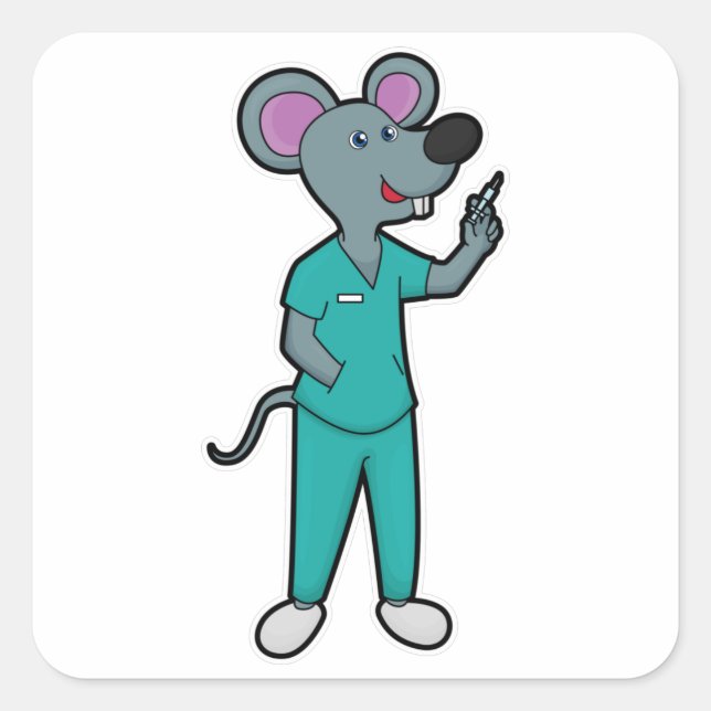 Sticker Carré Souris infirmière à la vaccination avec seringue (Devant)