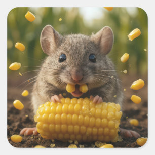 Sticker Carré Souris profitant d'un épi de maïs