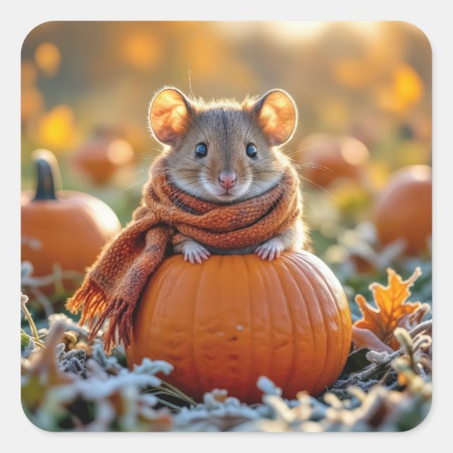 Sticker Carré Souris sur un Citrouille d'automne (Devant)