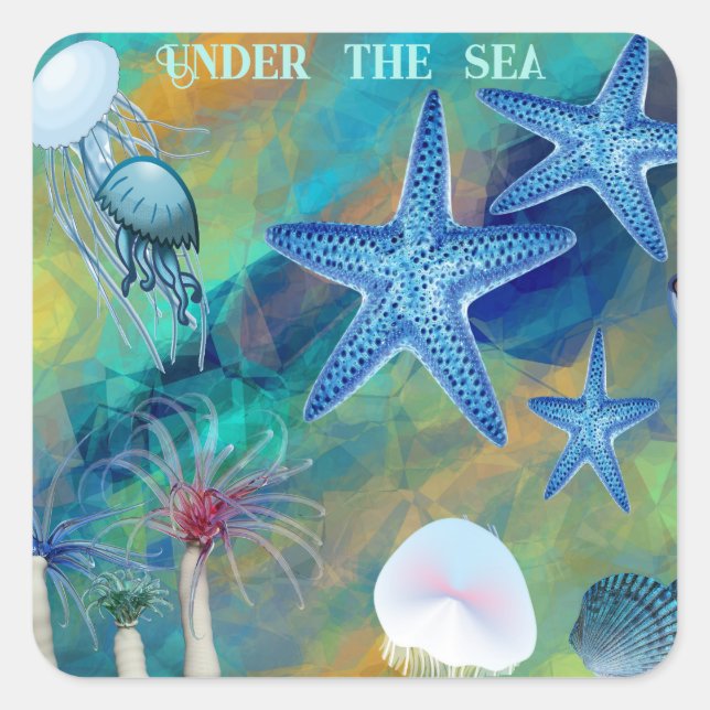 Sticker Carré Sous la mer Anémones Starfish Jellyfish Blue Kid (Devant)