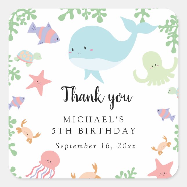 Sticker Carré Sous la mer Anniversaire Cute Kawaii Merci (Devant)