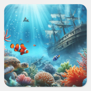 Sticker Carré Sous la mer, tortue, corail, bateau, poisson clown