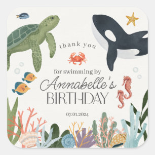 Sticker Carré Sous l'océan Mer Fête d'anniversaire Favors