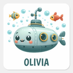 Sticker Carré Sous-marin mignon souriant avec poissons et bulles