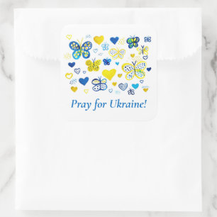 Sticker Carré Soutenez l'Ukraine ! Coeurs d'aquarelle et papillo