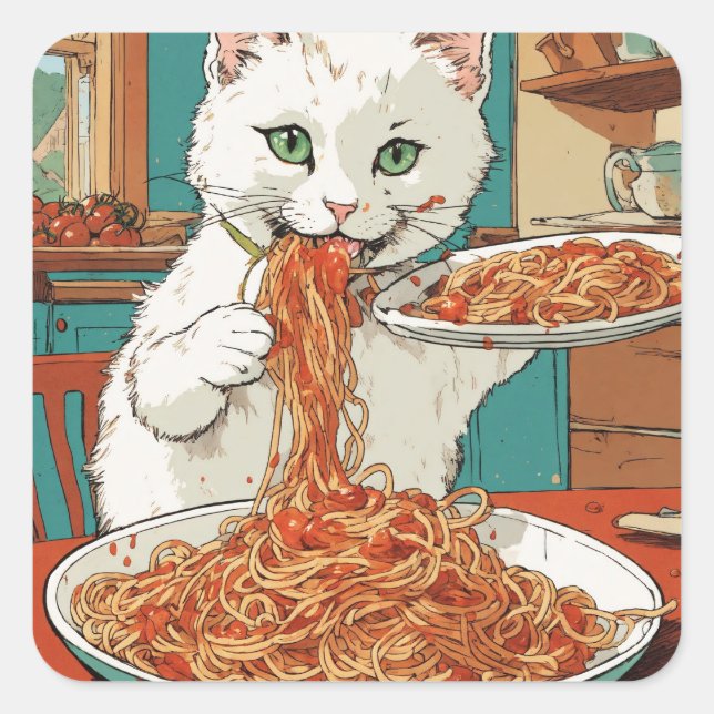 Sticker Carré "Spaghetti Cène avec Snowball : Un chat blanc (Devant)