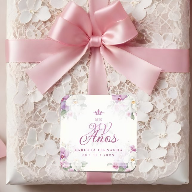 Sticker Carré Spanish Mis XV Exquisite Floral Orchids Bouquets (Spanish Romantic Exquisite Floral Orchids Bouquets Mis XV Años Square Sticker:)