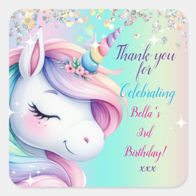 Sticker Carré Sparkle Pastel Rainbow Unicorn Anniversaire Invita (Devant)