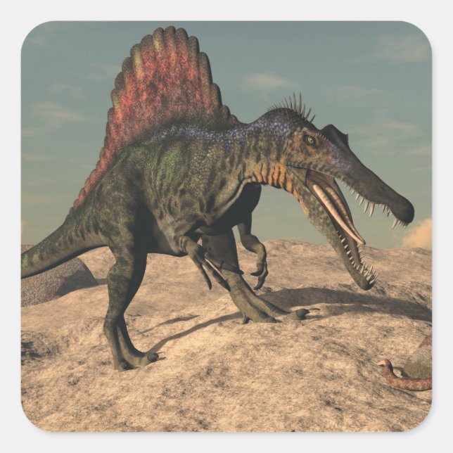 Sticker Carré Spinosaurus dinosaure chasse au serpent (Devant)