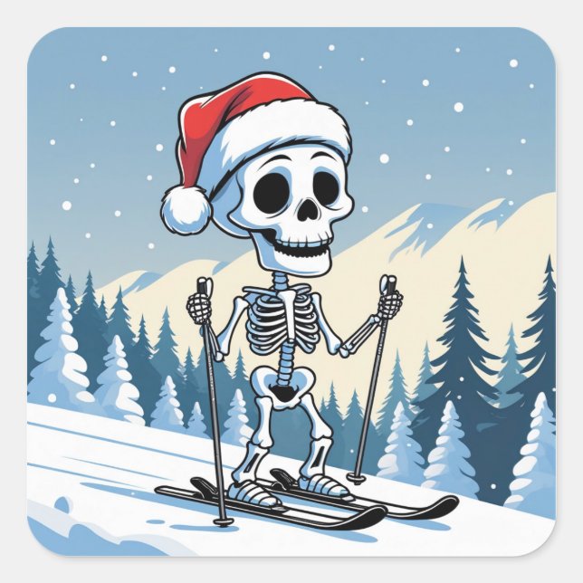 Sticker Carré Spooky Christmas Skeleton on Skis (Devant)