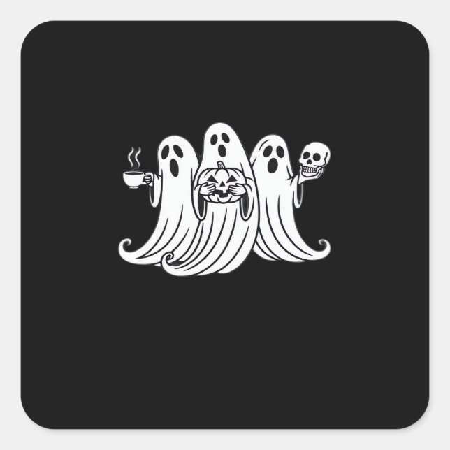Sticker Carré Spooky Coffee Sipping Pumpkin Holding (Devant)