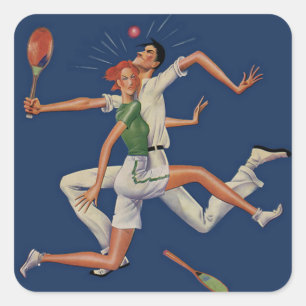 Sticker Carré Sports Vintage, Joueurs de Tennis S'écrasent avec 