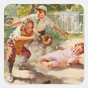 Sticker Carré Sports vintages, Enfants Jouer Sticball Baseball