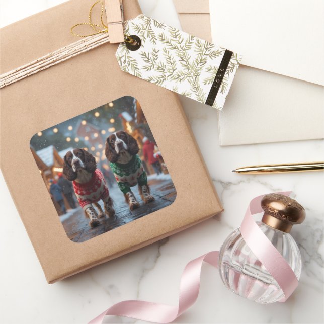 Sticker Carré Springer Spaniel Dogs Christmas Snow Holiday (Cadeaux)