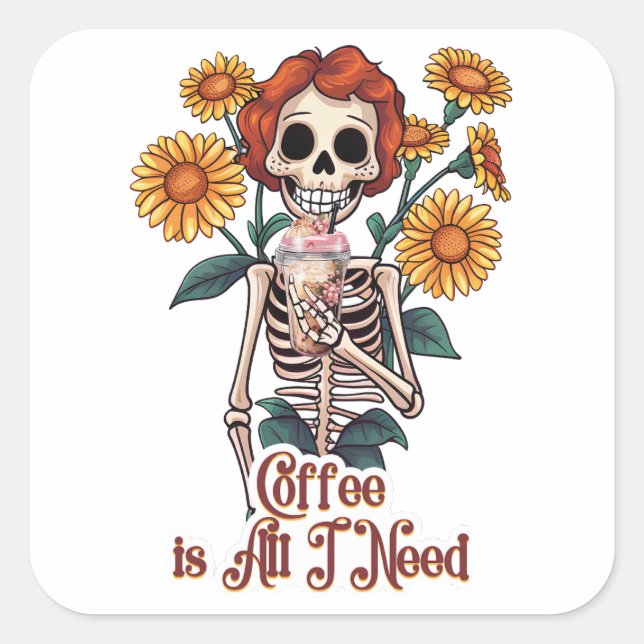 Sticker Carré Squelette Boire Café Fleurs de soleil (Devant)