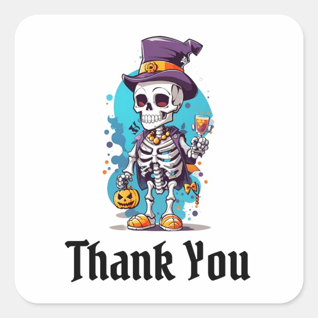 Sticker Carré Squelette cool dans un haut chapeau Halloween Merc (Devant)