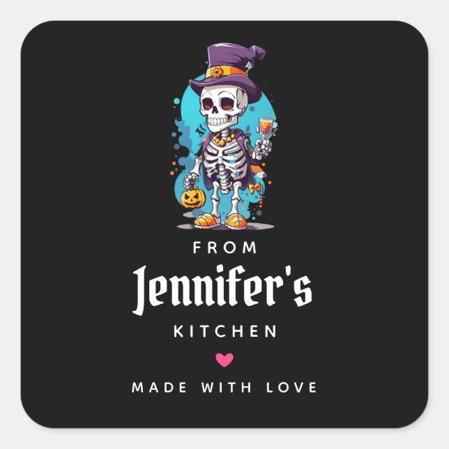 Sticker Carré Squelette cool dans une cuisine Halloween Hat Top (Devant)