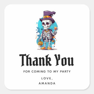 Sticker Carré Squelette dans un haut de chapeau Halloween Merci 