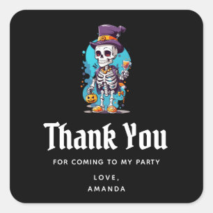 Sticker Carré Squelette dans un haut de chapeau Halloween Merci