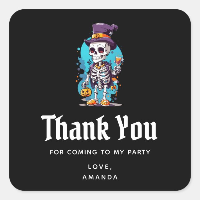 Sticker Carré Squelette dans un haut de chapeau Halloween Merci  (Devant)