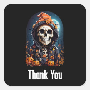 Sticker Carré Squelette éffrayant avec Merci Citrouille mal