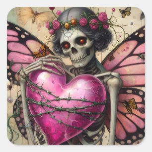 Sticker Carré Squelette Imaginaire Avec Coeur En Fil Barbé