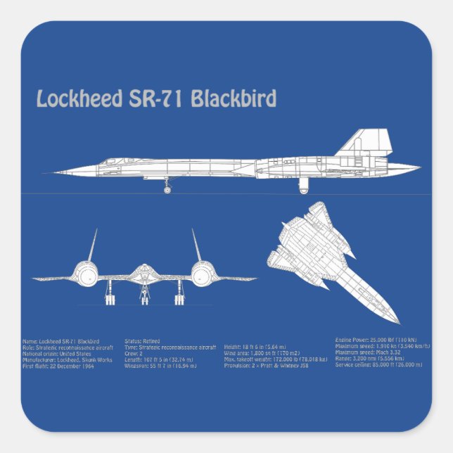 Sticker Carré SR-71 Blackbird - Plan directeur de l'avion ABD (Devant)