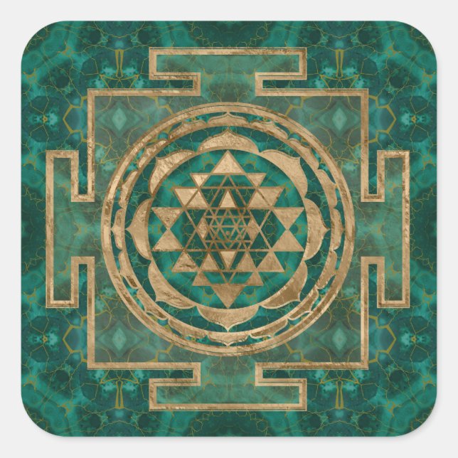 Sticker Carré Sri Yantra / Sri Chakra Malachite et or (Devant)