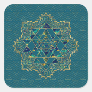 Sticker Carré Sri Yantra / Sri Chakra Or, marbre et Turquoise