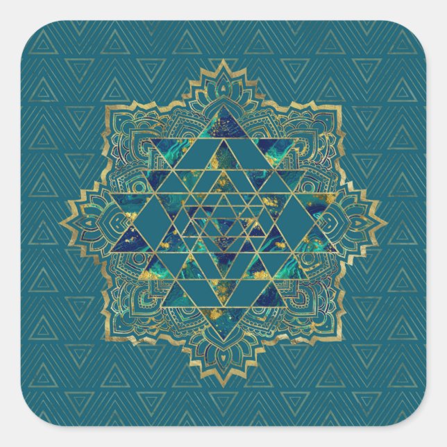 Sticker Carré Sri Yantra / Sri Chakra Or, marbre et Turquoise (Devant)
