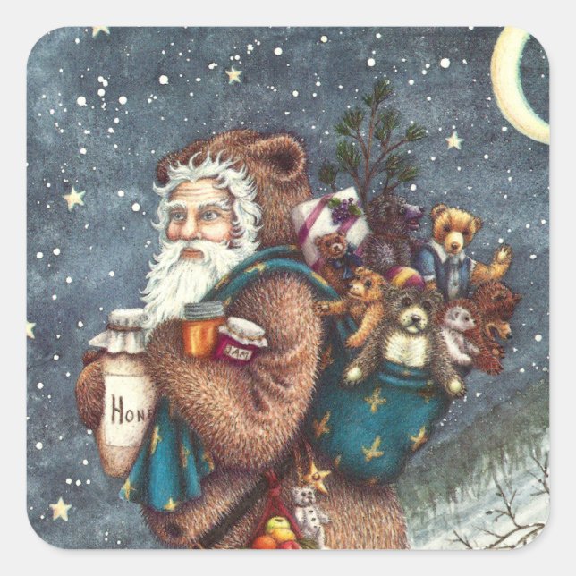 STICKER CARRÉ ST. NICK DANS LA COUVERTURE TEDDY BEAR, NOËL TEDDI (Devant)