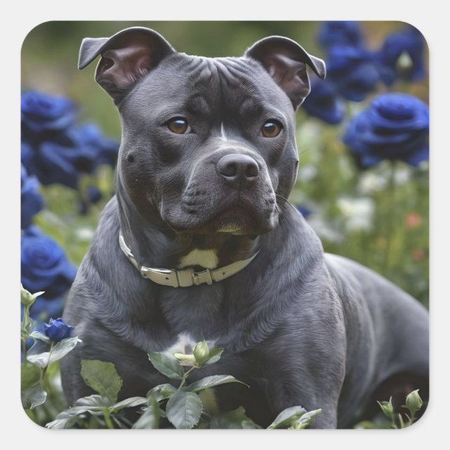 Sticker Carré Staffordshire Bull Terrier Dans Blue Rose Garden, (Devant)