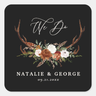 Sticker Carré Stag rustique botanique mariage noir botanique