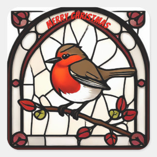 Sticker Carré  Stained Glass Robin Redbreast "Merry Christmas"