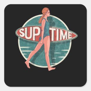 Sticker Carré Standup Paddle Board Retro Vintage Cadeau
