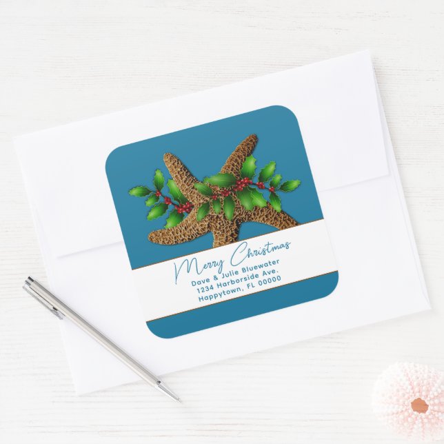 Sticker Carré Starfish n Holly Blue Christmas Adresse de retour (Enveloppe)