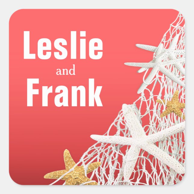 Sticker Carré Starfish Netting Plage Mariage Faveur | corail (Devant)