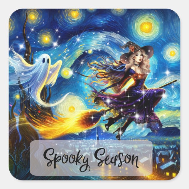 Sticker Carré Starry Night Witchy Halloween Design (Devant)