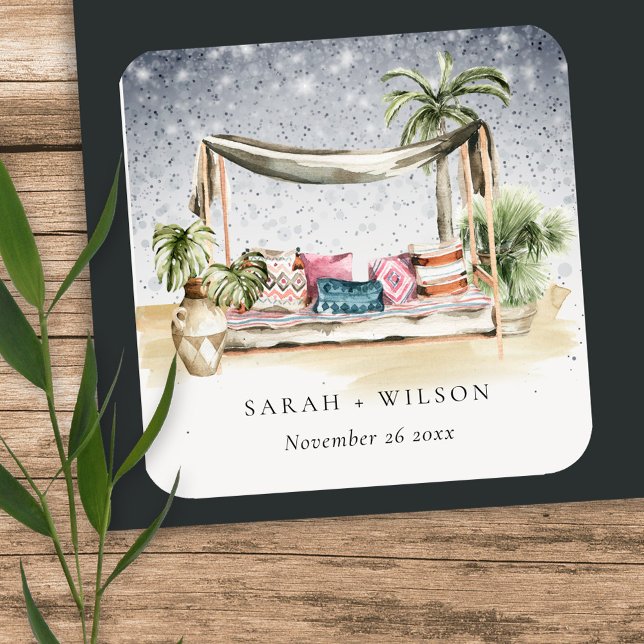 Sticker Carré Starry Nuit Tropical Palm Beach Cabana Mariage (Créateur téléchargé)