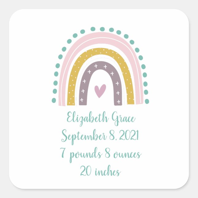 Sticker Carré Statistiques de naissance Boho Arc-en-ciel rose Tu (Devant)