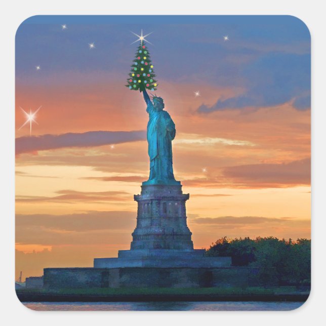 Sticker Carré Statue de la Liberté avec arbre de Noël (Devant)